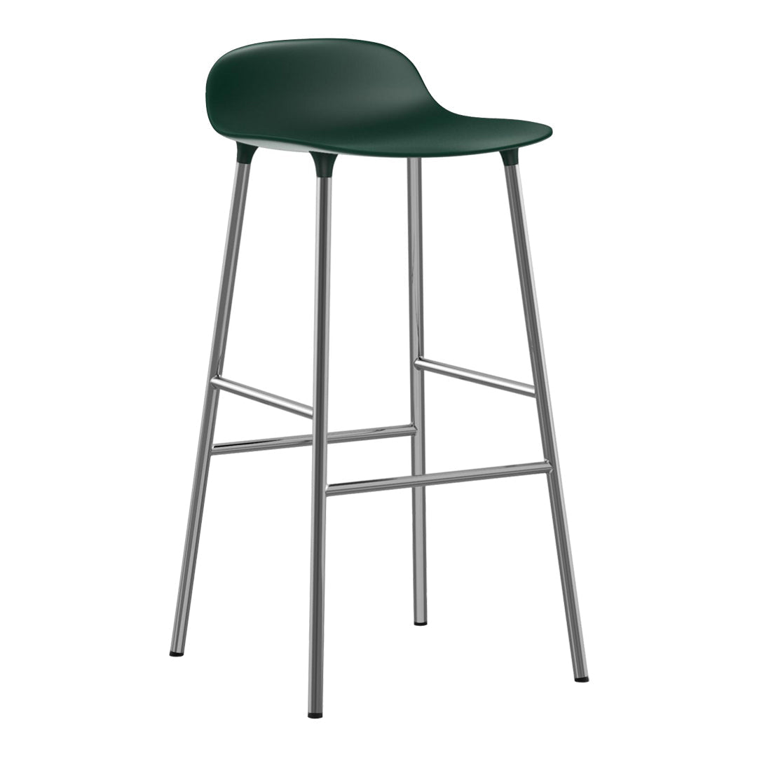 Green plastic bar stool with sleek silver legs, featuring a minimalist design and smooth surface.