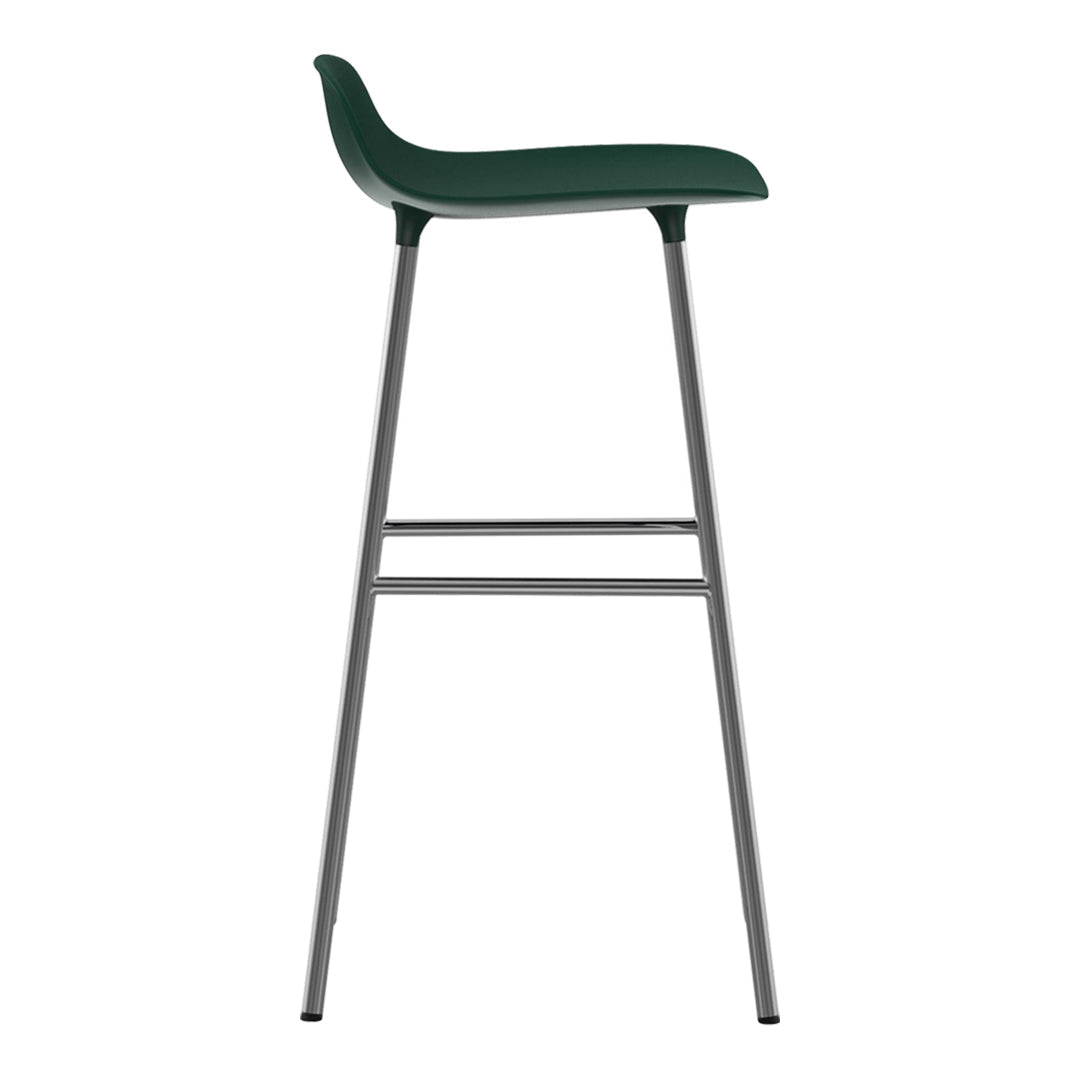 Green bar stool with a smooth, curved seating surface and sleek silver legs. Modern minimalist design.