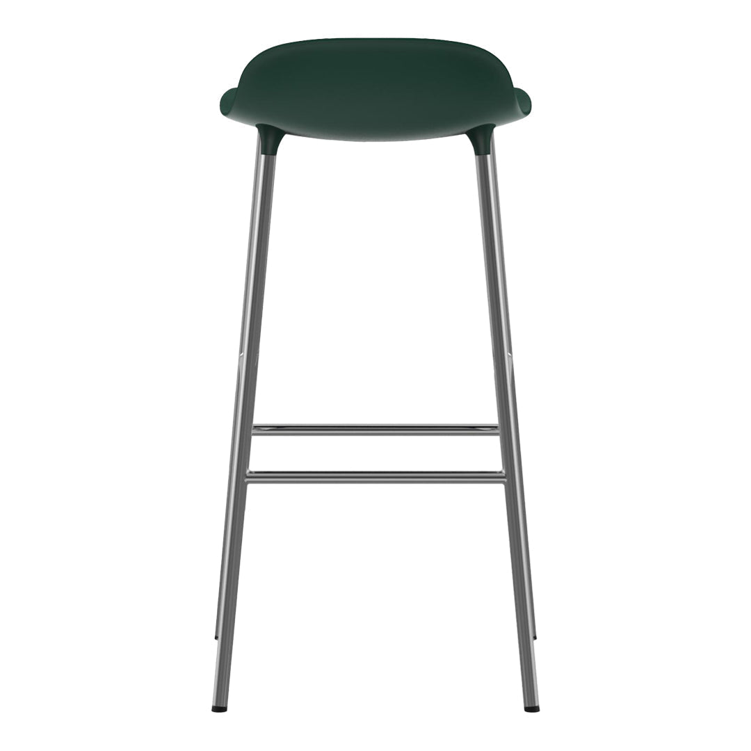 Green bar stool with a smooth seat and sleek silver legs, showcasing a modern and minimalist design.