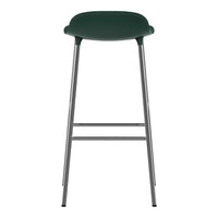 Green bar stool with a smooth seat and sleek silver legs, showcasing a modern and minimalist design.