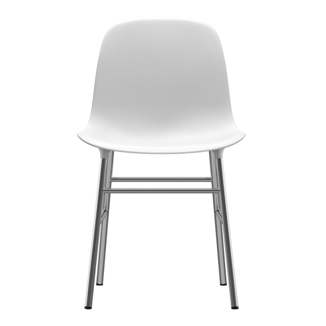 White modern chair with a sleek, minimalist design and silver metal legs. Ideal for contemporary decor.