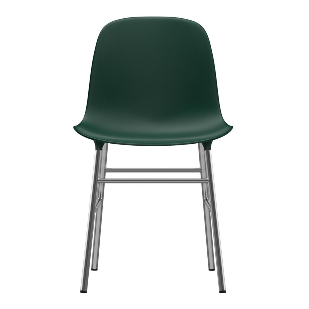 Green molded plastic chair with sleek silver metal legs, featuring a smooth, modern design. Perfect for contemporary spaces.