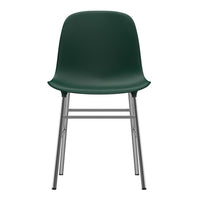 Green molded plastic chair with sleek silver metal legs, featuring a smooth, modern design. Perfect for contemporary spaces.
