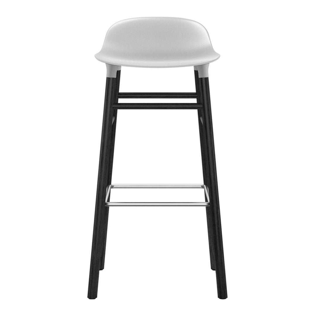 Modern white bar stool with sleek black legs and minimalist design. Perfect for contemporary interiors.