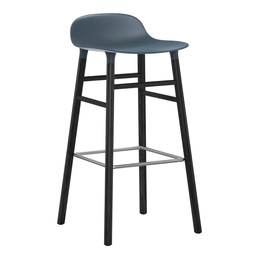 Blue molded seat bar stool with black wooden legs and silver footrest, showcasing a sleek, modern design.