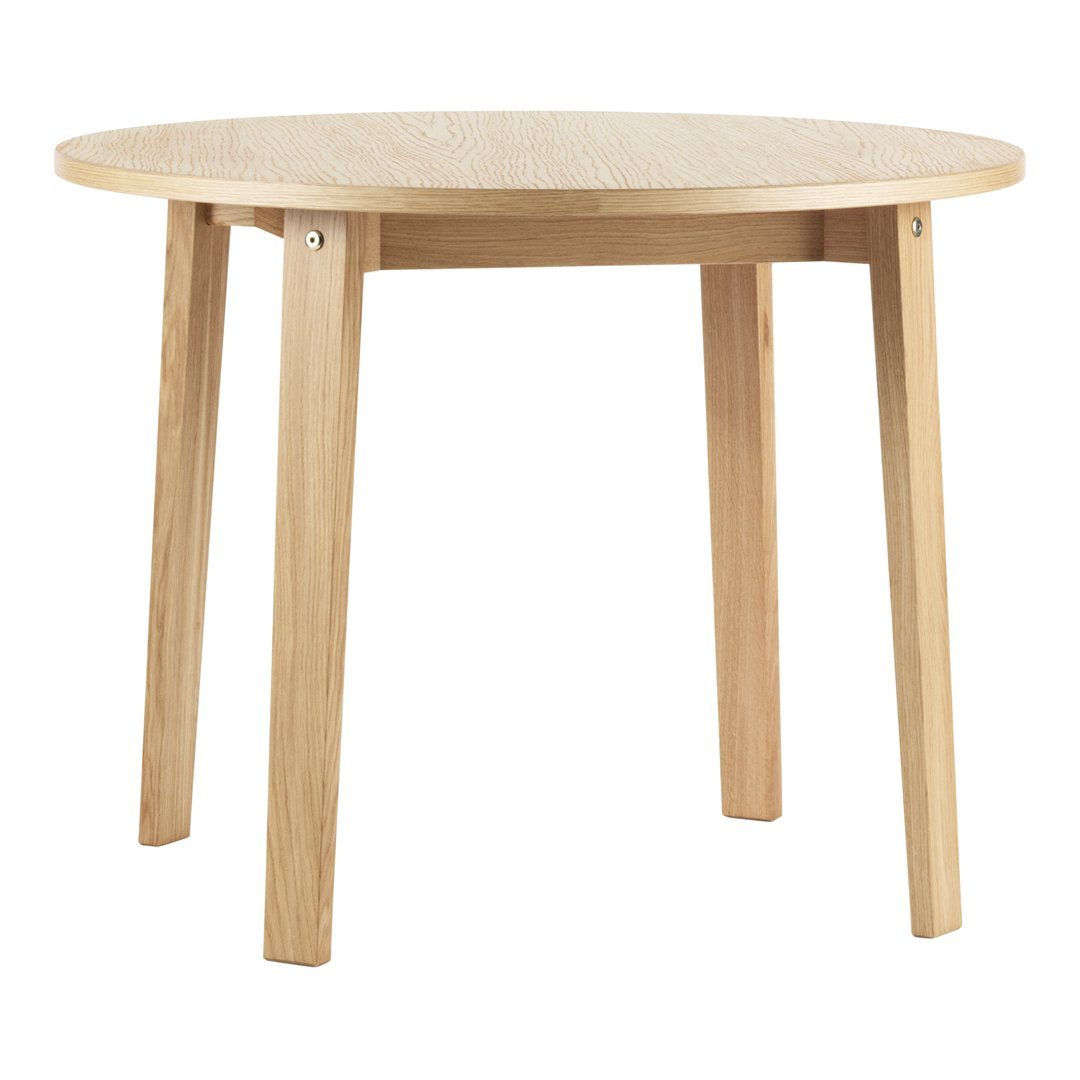 Natural light wood round table with a smooth surface and simple design, featuring four sturdy, straight legs.