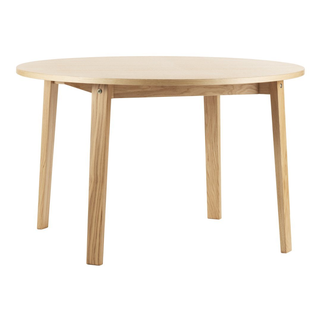 Round wooden table in natural light wood finish, featuring smooth surface and simple leg design.