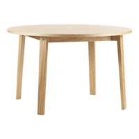 Round wooden table in natural light wood finish, featuring smooth surface and simple leg design.