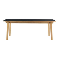 Black tabletop with natural wood legs, featuring a minimalist design and clean lines for a modern look.