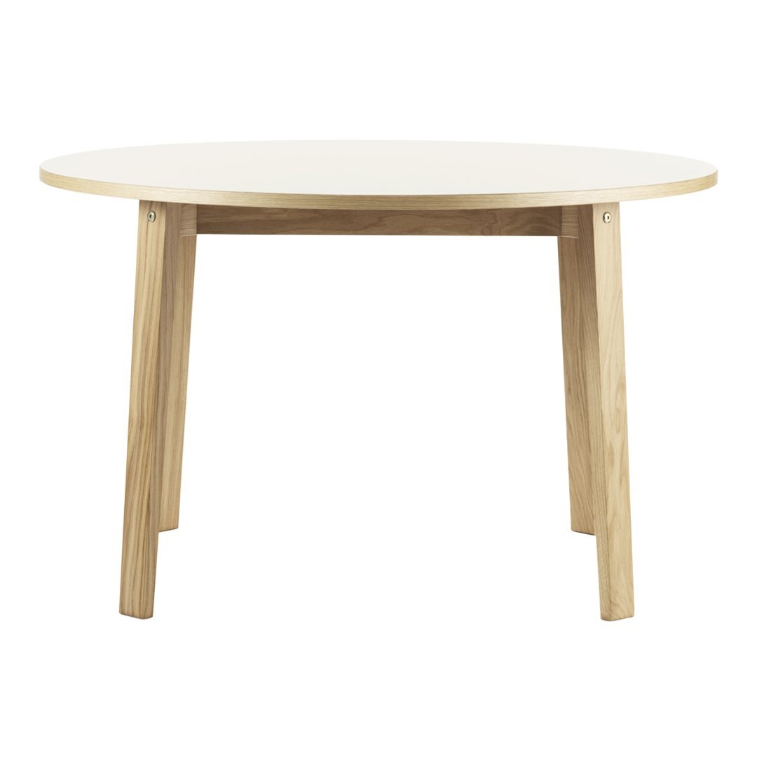 Round table with a sleek white top and natural wood legs, featuring a minimalist design and clean lines.