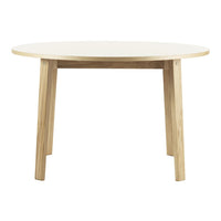 Round table with a sleek white top and natural wood legs, featuring a minimalist design and clean lines.