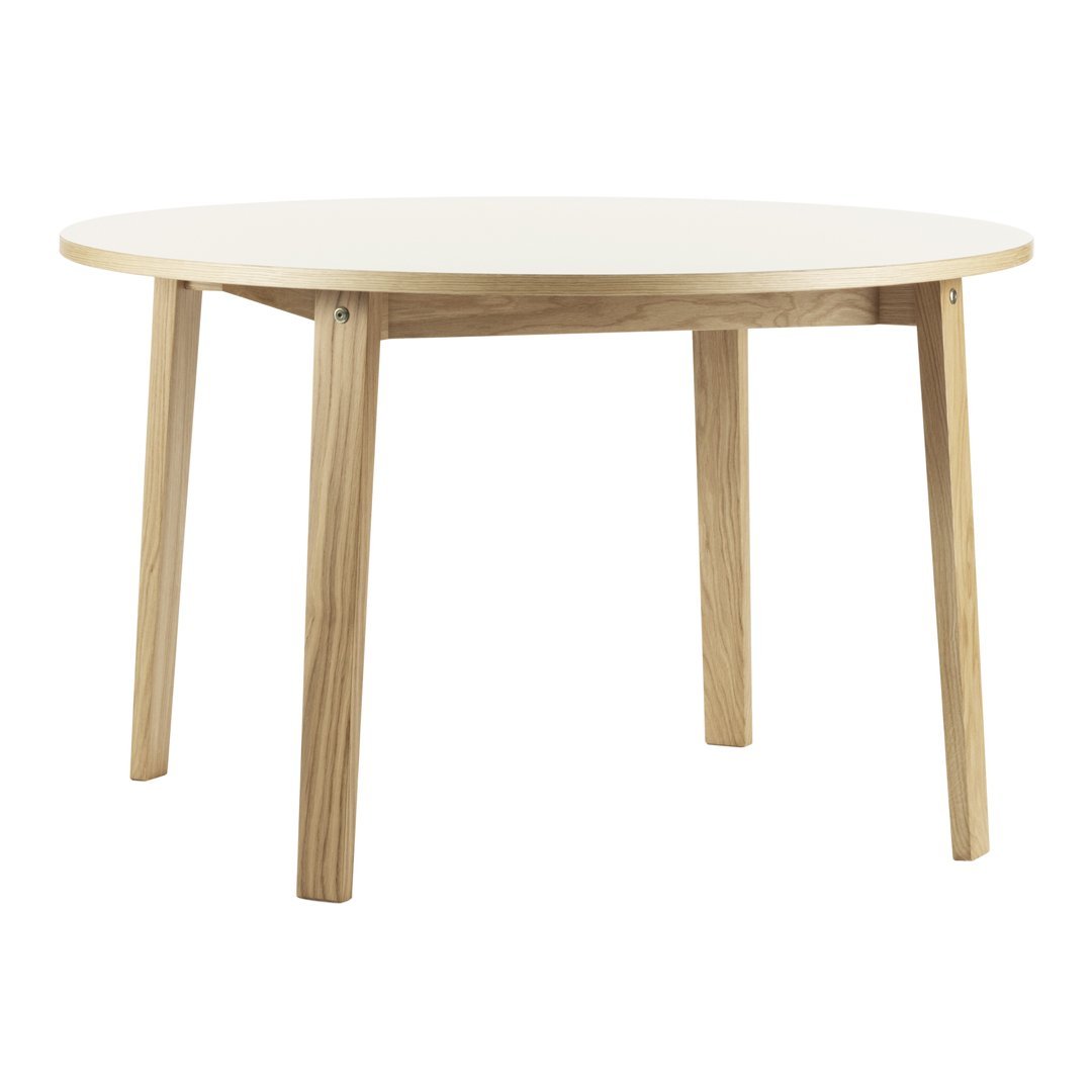 Round white tabletop with natural wood legs, featuring a minimalistic design for modern interiors.
