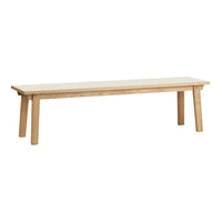 Natural wood bench with a light, minimalist design and smooth finish, featuring neutral tones throughout.