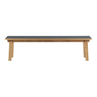 Natural wood bench with a sleek black top, featuring a simple, modern design and clean lines.