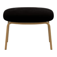 Black velvet ottoman with a sleek wooden frame, featuring a smooth, minimalist design. Perfect for modern decor.