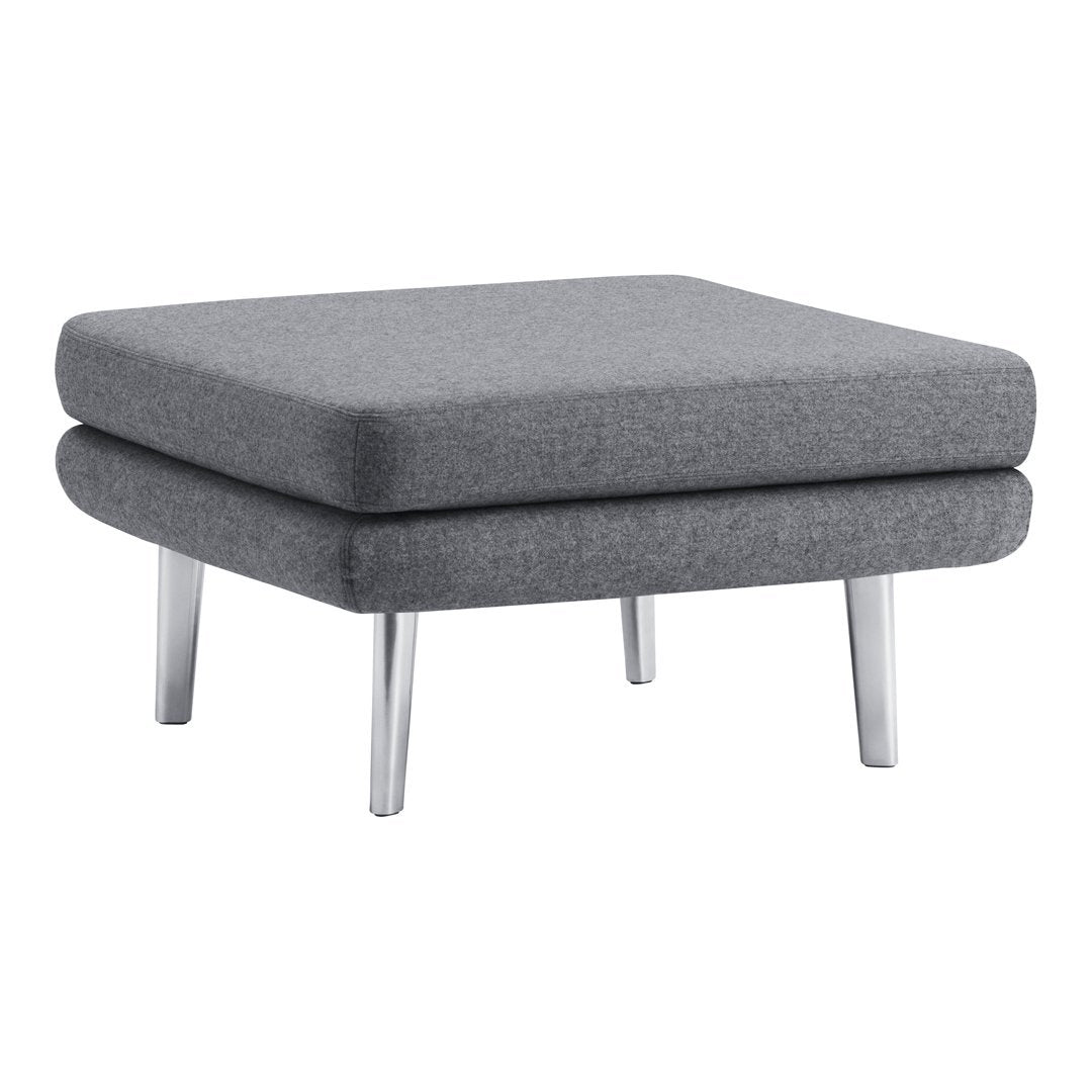 Gray upholstered square ottoman with a smooth fabric texture and sleek silver legs. Perfect for modern decor.