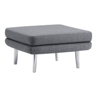 Gray upholstered square ottoman with a smooth fabric texture and sleek silver legs. Perfect for modern decor.
