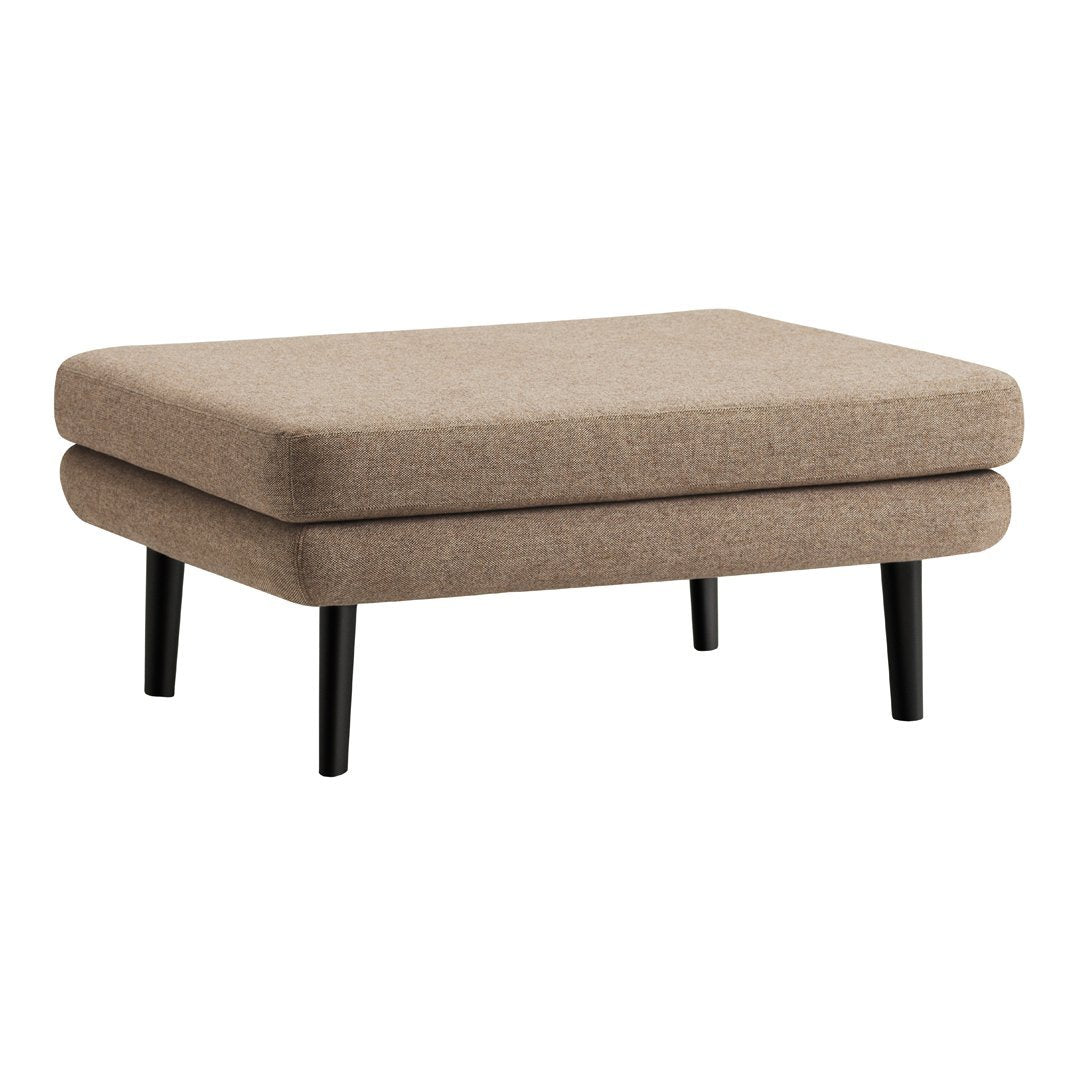 Beige upholstered ottoman with a simple, textured pattern and sleek black legs. Perfect for modern decor.