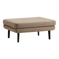 Beige upholstered ottoman with a simple, textured pattern and sleek black legs. Perfect for modern decor.