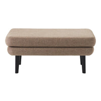 Olive green fabric ottoman with a smooth texture and black wooden legs, perfect for modern decor.