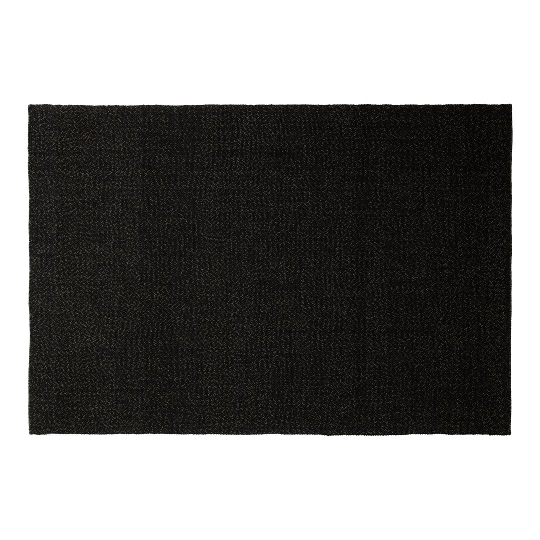 Black textured rug with a subtle woven pattern, perfect for modern and minimalist decor.