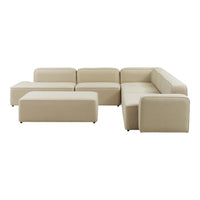 Beige modular sectional sofa with clean lines and a smooth fabric finish, perfect for modern living spaces.