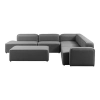 Modern grey sectional sofa with a sleek, minimalist design and a smooth fabric texture. Ideal for contemporary living spaces.