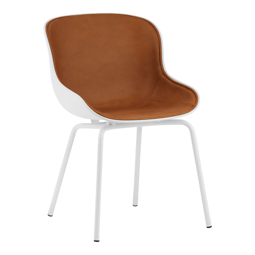 Brown faux leather chair with a white base and sleek, modern design, perfect for contemporary decor.