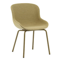 Beige fabric dining chair with a smooth, curved design and metal legs in a matching muted tone. Perfect for modern decor.