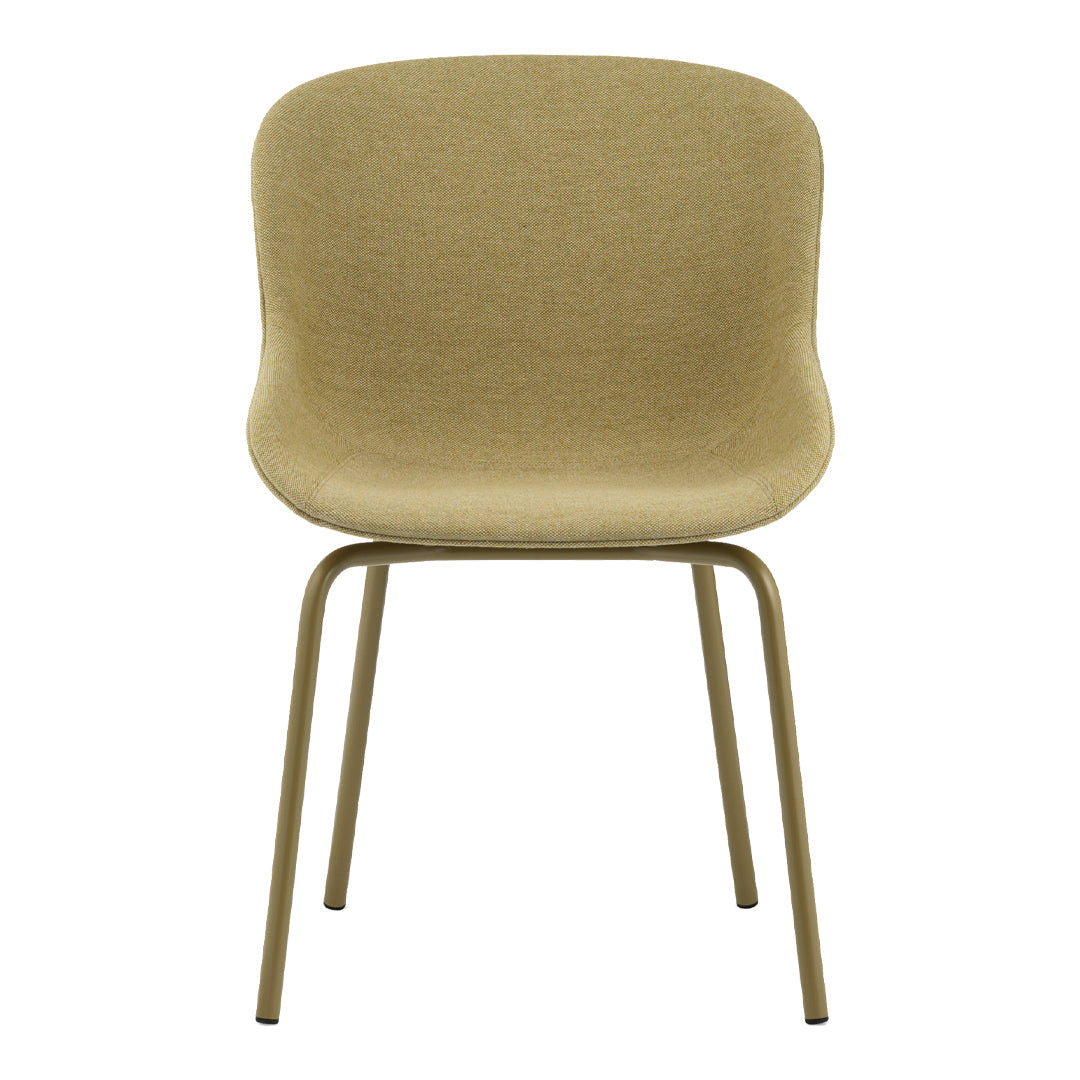 Beige ergonomic chair with a smooth texture and minimalist design, featuring slender metal legs in a matching hue.