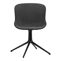 Stylish gray upholstered chair with a sleek black base, offering a modern, minimalistic design.