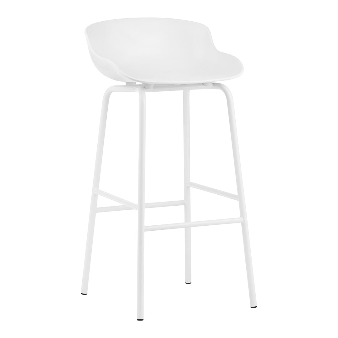 White bar stool with a smooth, minimalist design and clean lines, featuring a white frame and seat. Perfect for modern decor.