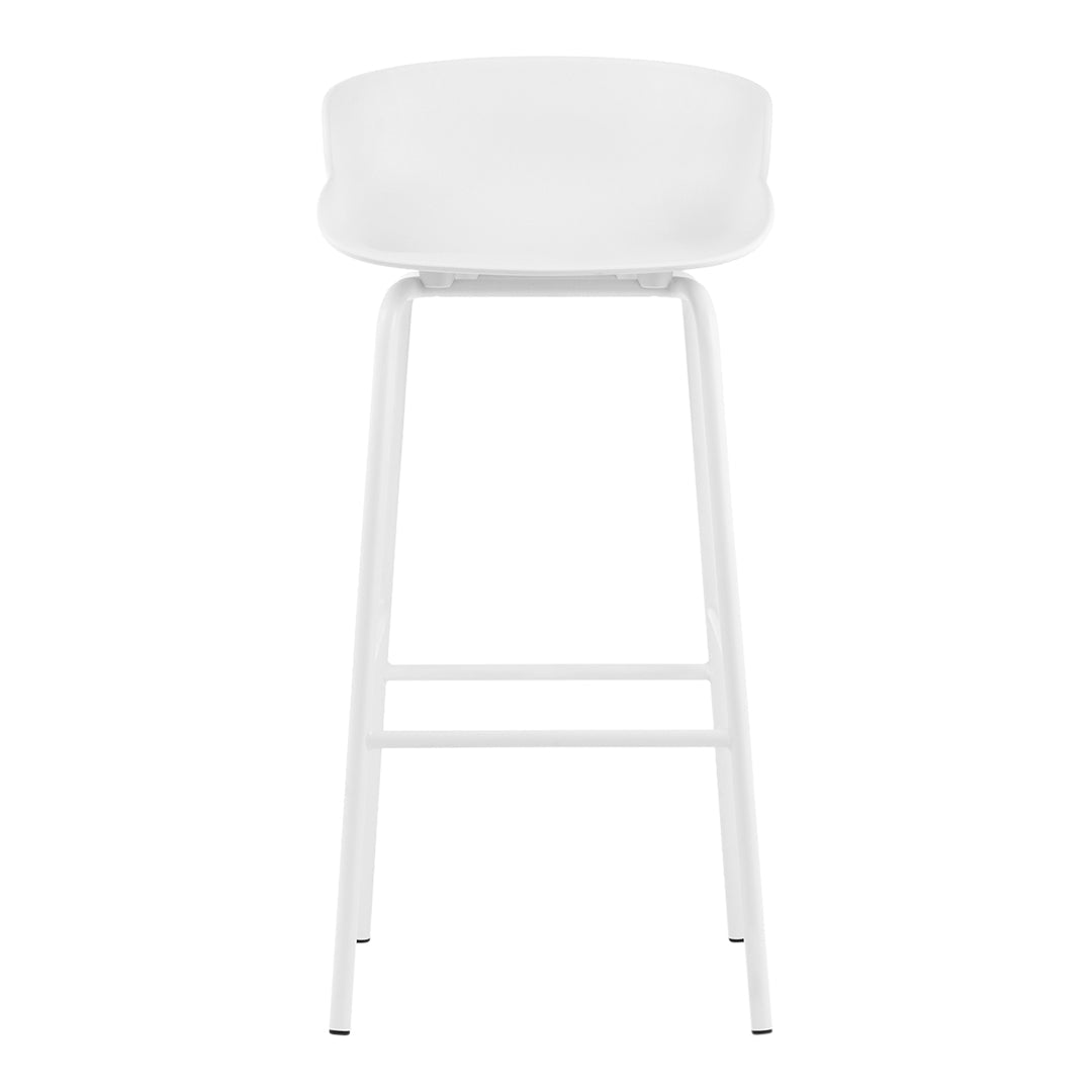 White bar stool with a smooth, minimalist design and sleek metal legs, perfect for modern decor.
