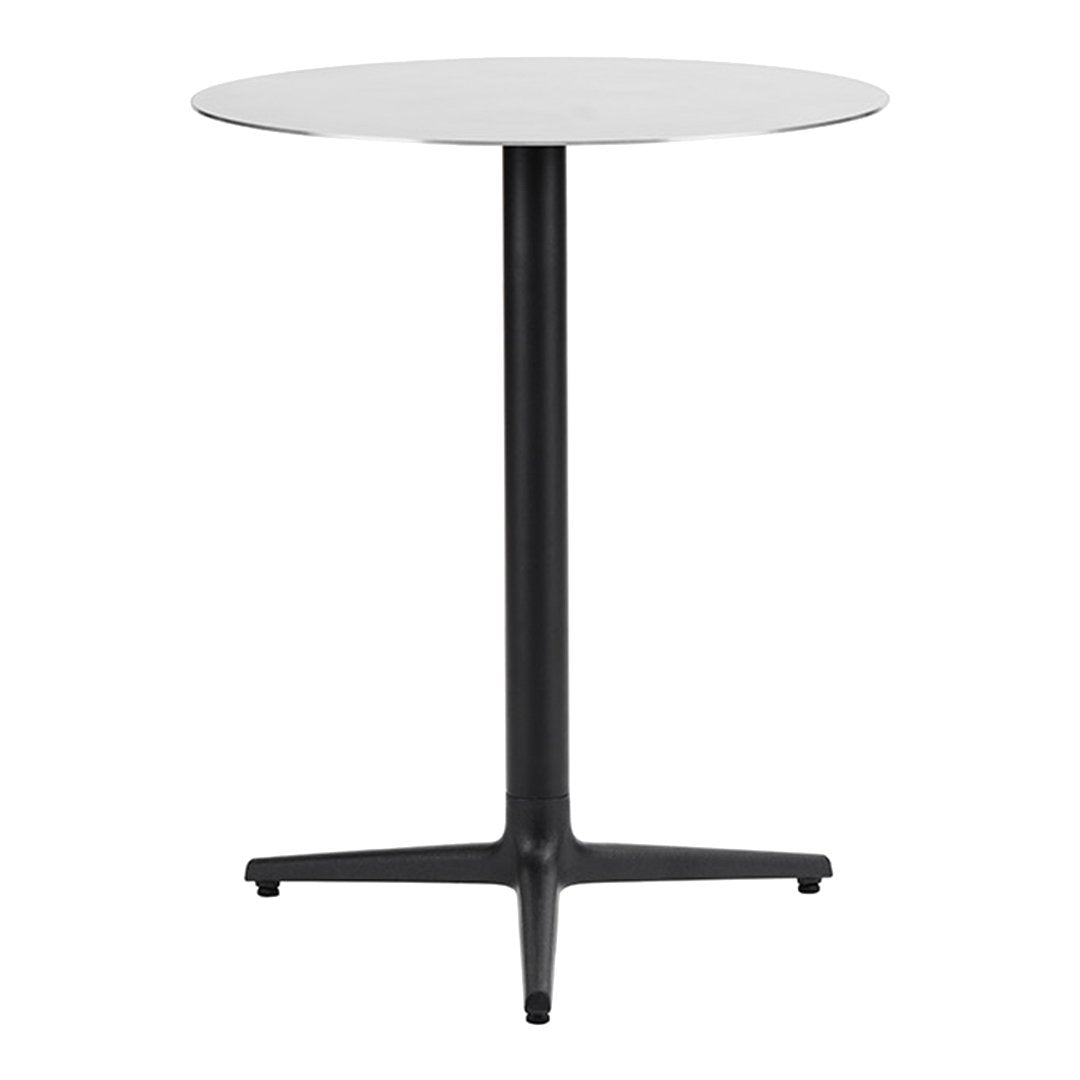White round tabletop with a sleek black four-legged base, perfect for modern decor.