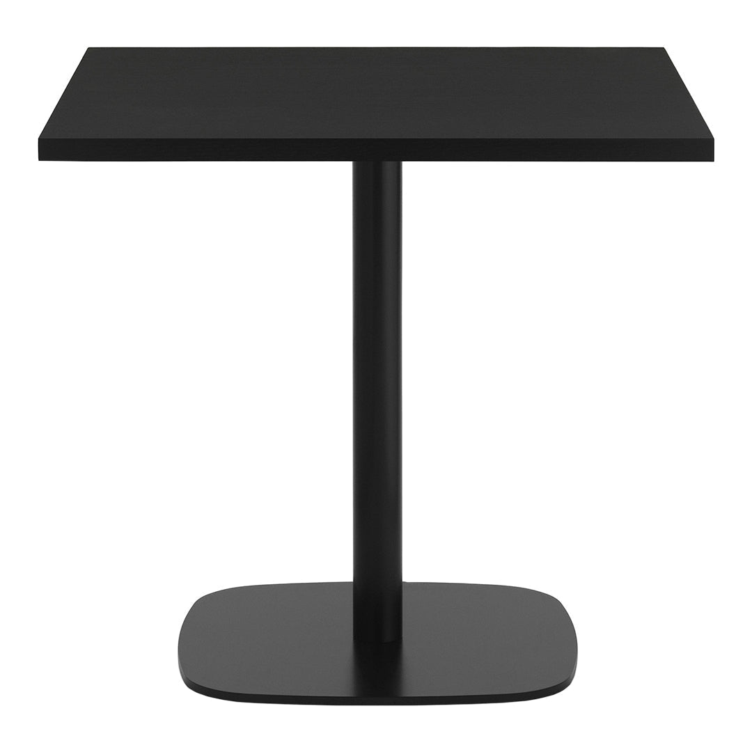 Black square dining table with a sleek, modern design and a matte finish. Perfect for contemporary decor.