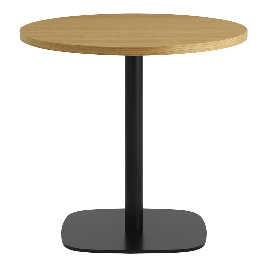 Round wooden top in light oak with a sleek black metal base, minimalistic design, and smooth finish.