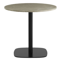 Round table with a textured gray marble top and sleek black base, perfect for modern decor.
