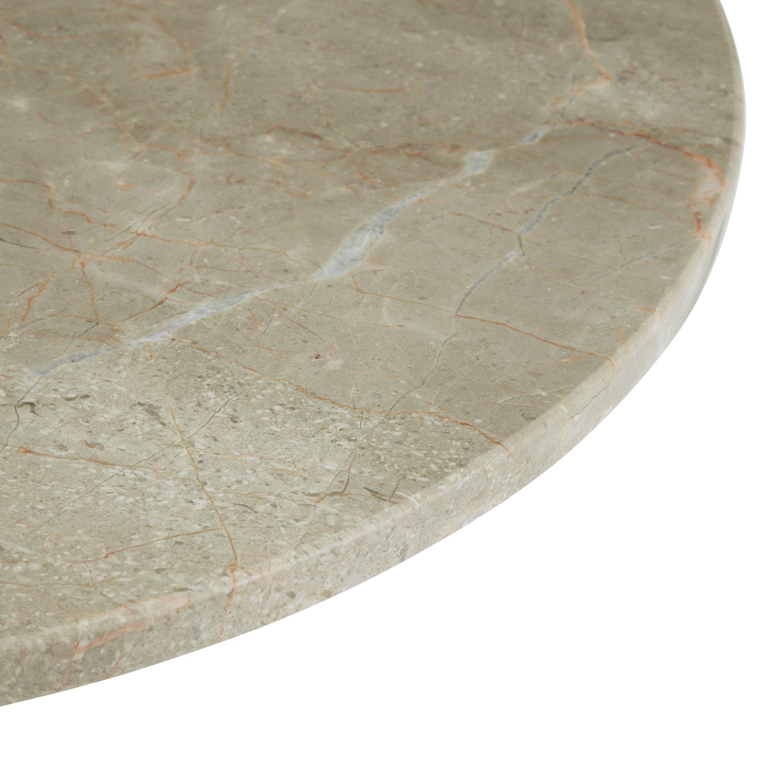 Round stone tabletop with a muted gray color, featuring subtle veining and a textured surface.