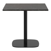 Black marble top dining table with a sleek black metal base, minimalist design and smooth, polished surface.