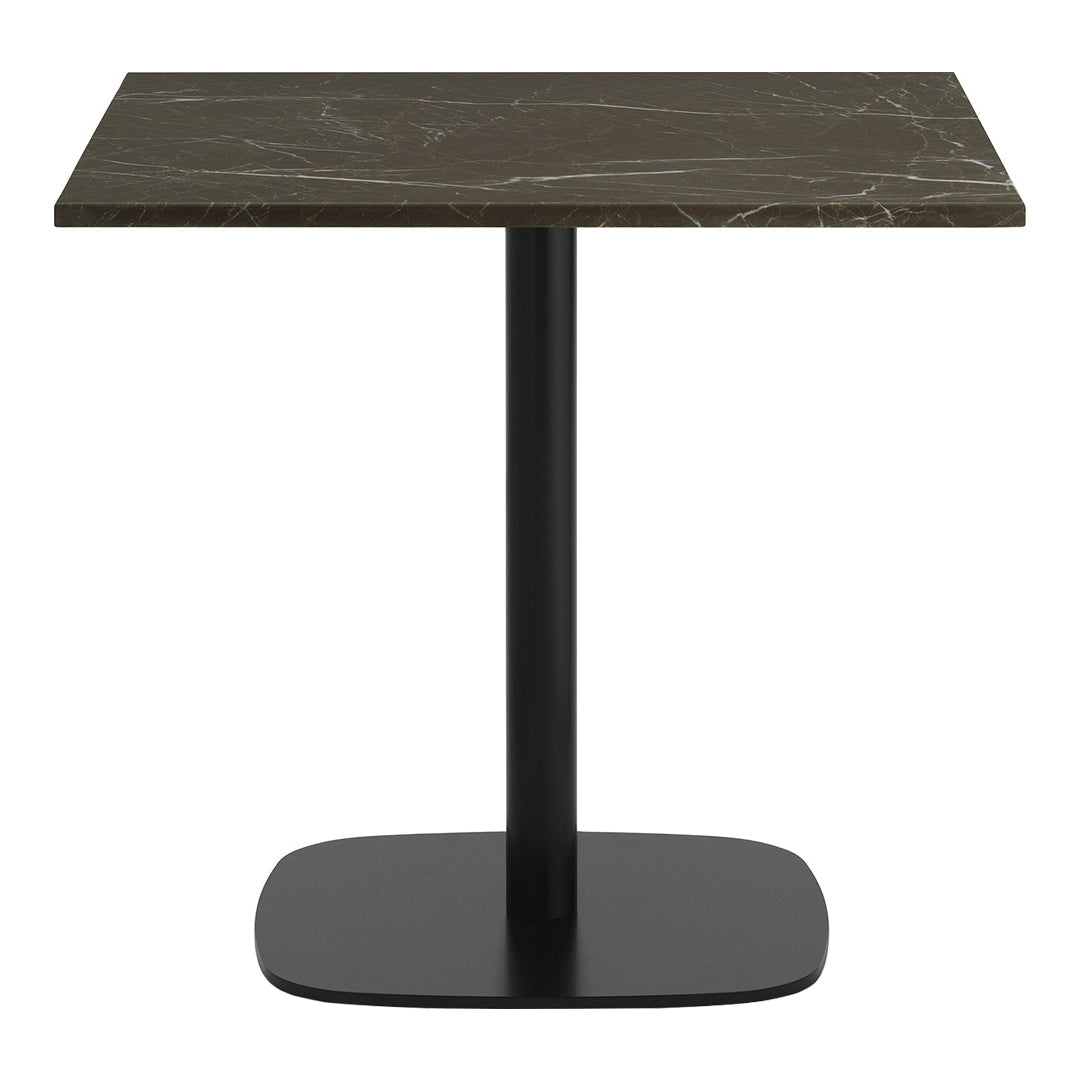 Dark marble tabletop with gray veining on a sleek black pedestal base. Minimalist design in neutral tones.