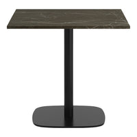 Dark marble tabletop with gray veining on a sleek black pedestal base. Minimalist design in neutral tones.