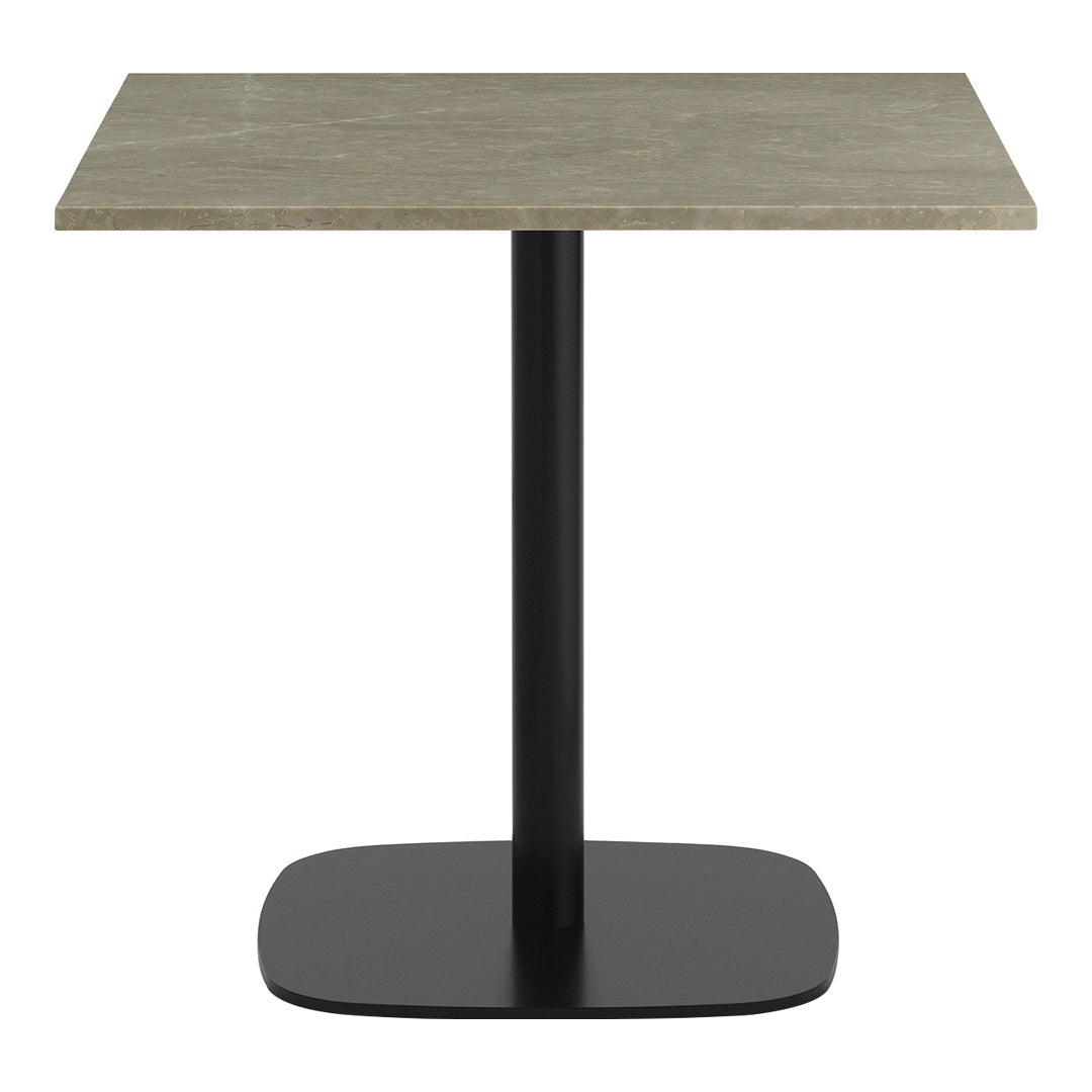 Square table with a textured gray top and a sleek black pedestal base, perfect for modern decor.