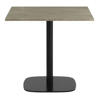 Square table with a textured gray top and a sleek black pedestal base, perfect for modern decor.