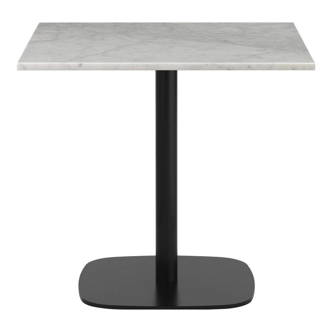 Square marble tabletop in white with grey veining, supported by a sleek black pedestal base.