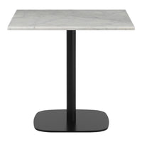 Square marble tabletop in white with grey veining, supported by a sleek black pedestal base.