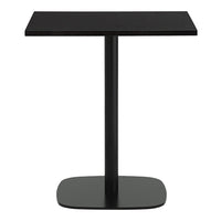 Black square side table with a minimalist design and sleek chrome base. Perfect for modern decor.