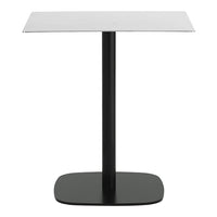 Modern table featuring a sleek black base and a clear glass top with a minimalist design. Perfect for any decor.