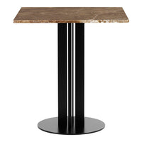 Brown marble top with elegant veining, supported by a sleek black metal base for a modern, minimalist look.