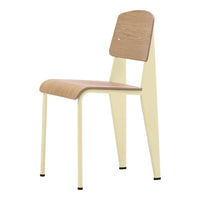 Modern design chair featuring a light wood seat with a cream-colored steel frame. Minimalist aesthetic perfect for any space.