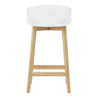 White bar stool with a smooth finish and light wood legs, featuring a minimalist design. Ideal for modern decor.